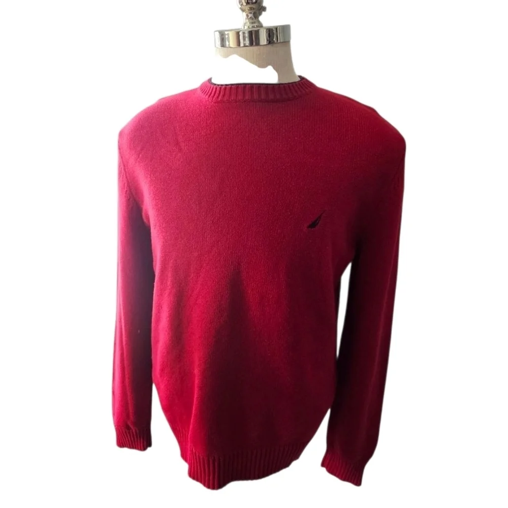 Nautica Red and Navy Men's Sweater Crewneck Cotton Sweater Size Large Logo